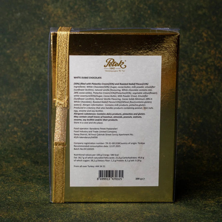 Petek 1942 White Dubai Chocolate Bar - Filled With Pistachio Cream 200g (7 oz)